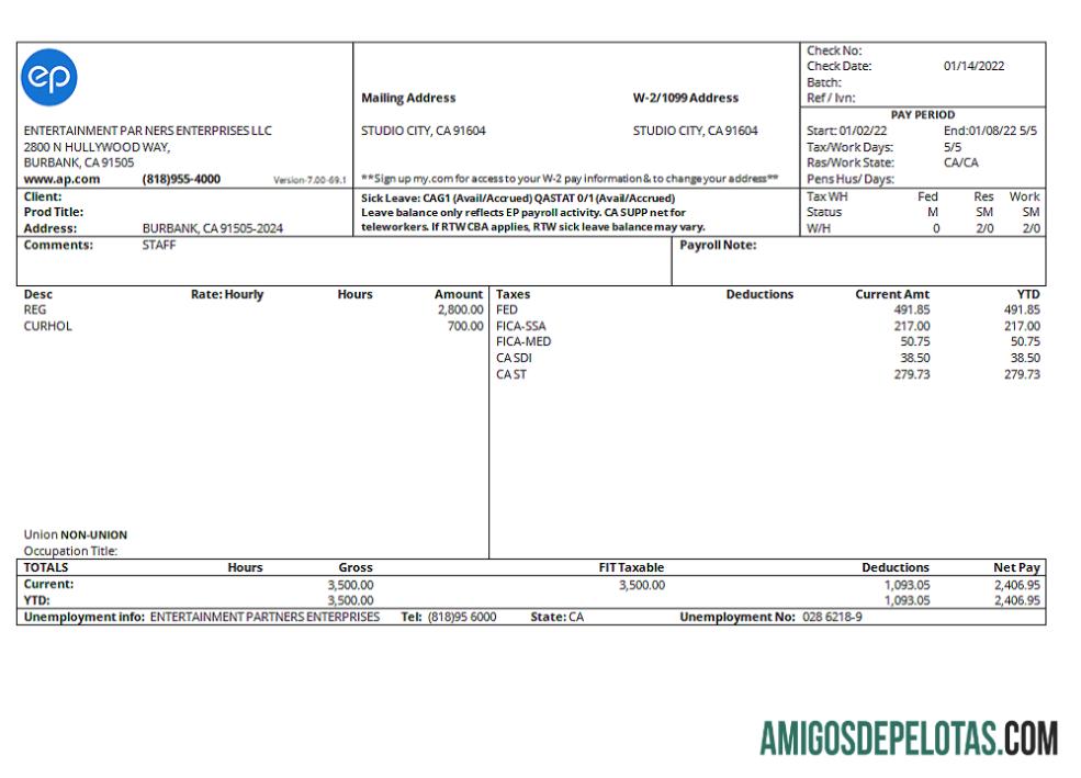 Esboço de pagamento da empresa financeira da USA Entertainment Partners Enterprises amostra